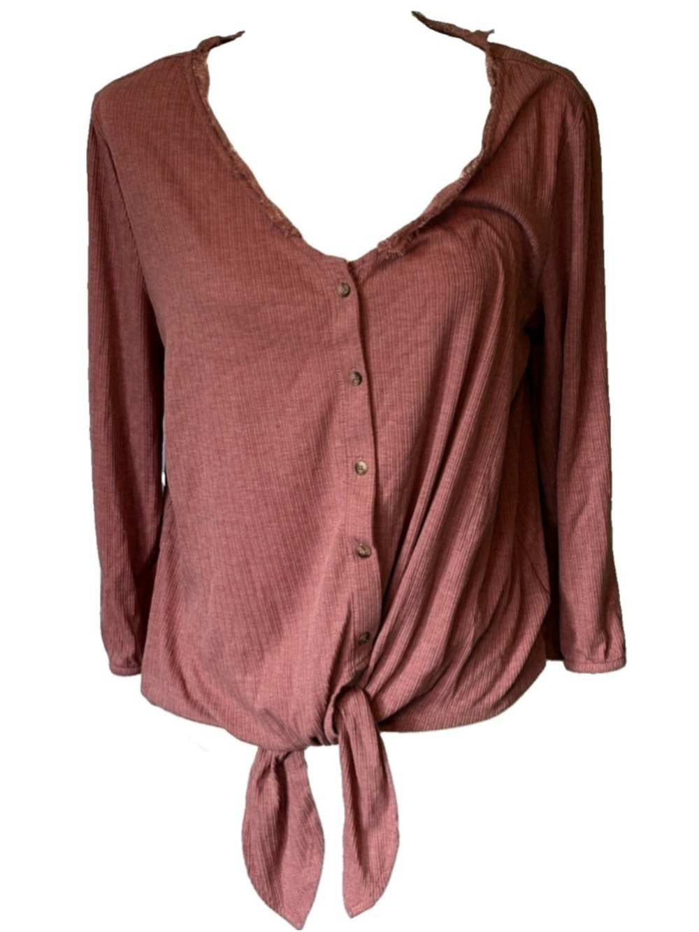 Brina & Em XL Mauve Ribbed Knit Tie Front Button Top Lace Trim Boho Cottagecore